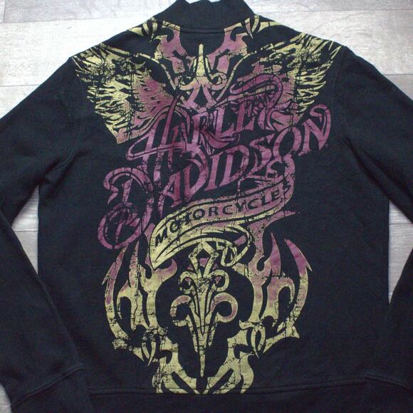 Vtg Harley-Davidson Women Sweatshirt L Black Wings Logo Graphic Full Zip Heart - Picture 6 of 6